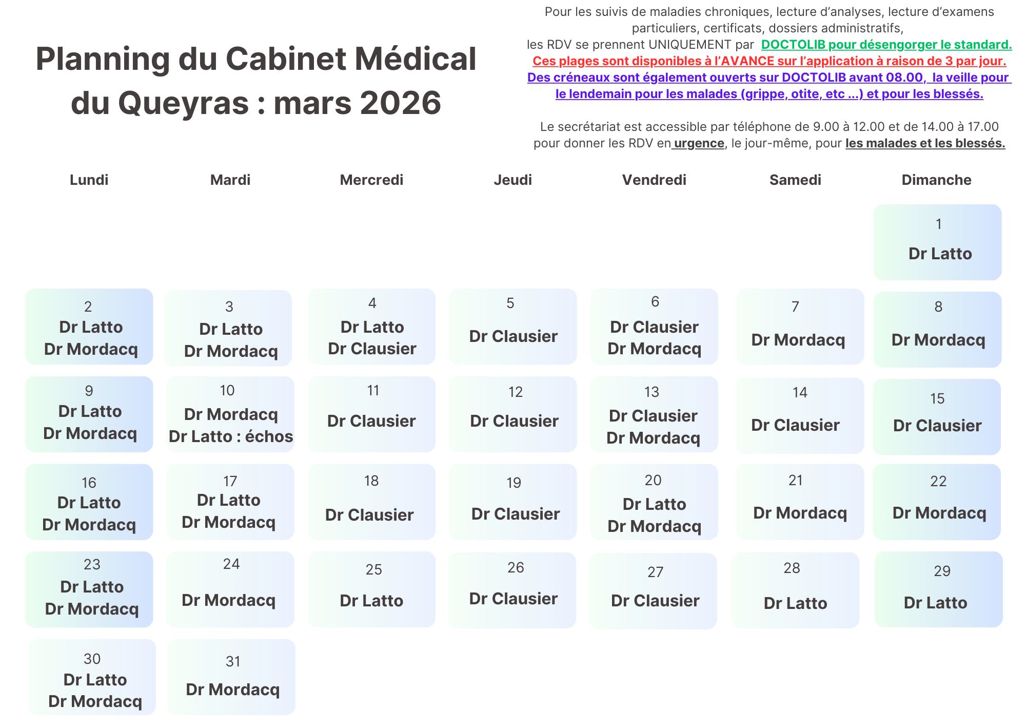 planning medecins mars 2026